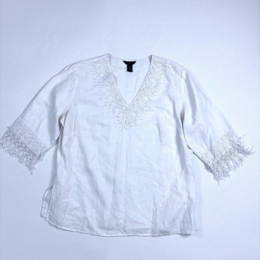 Silkland Woman Linen Embroidered Sleeve & V-Neck Tunic Top White Coastal Chic 1X